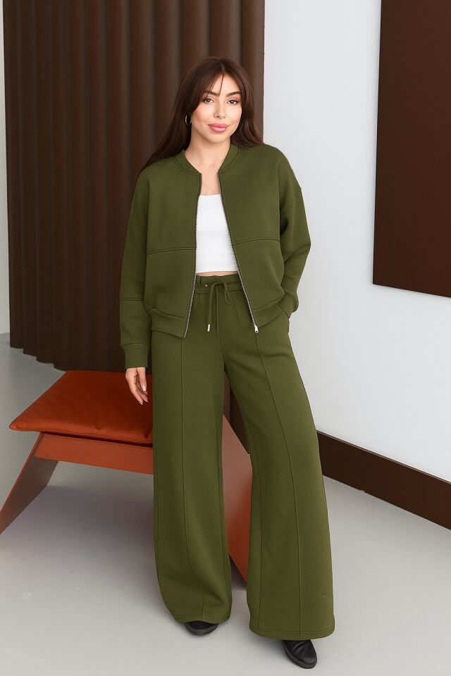 Balenbi Kadın 3 İplik İçi Polarlı Robalı Bomber Ceket Palazzo Takım 1143 Haki - S