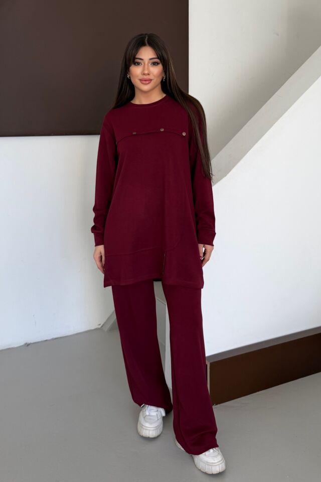 Balenbi Oversize Metal Çıtçıt Detaylı Asimetrik Kesim Modal Tesettür Takım 1187 S - Bordo
