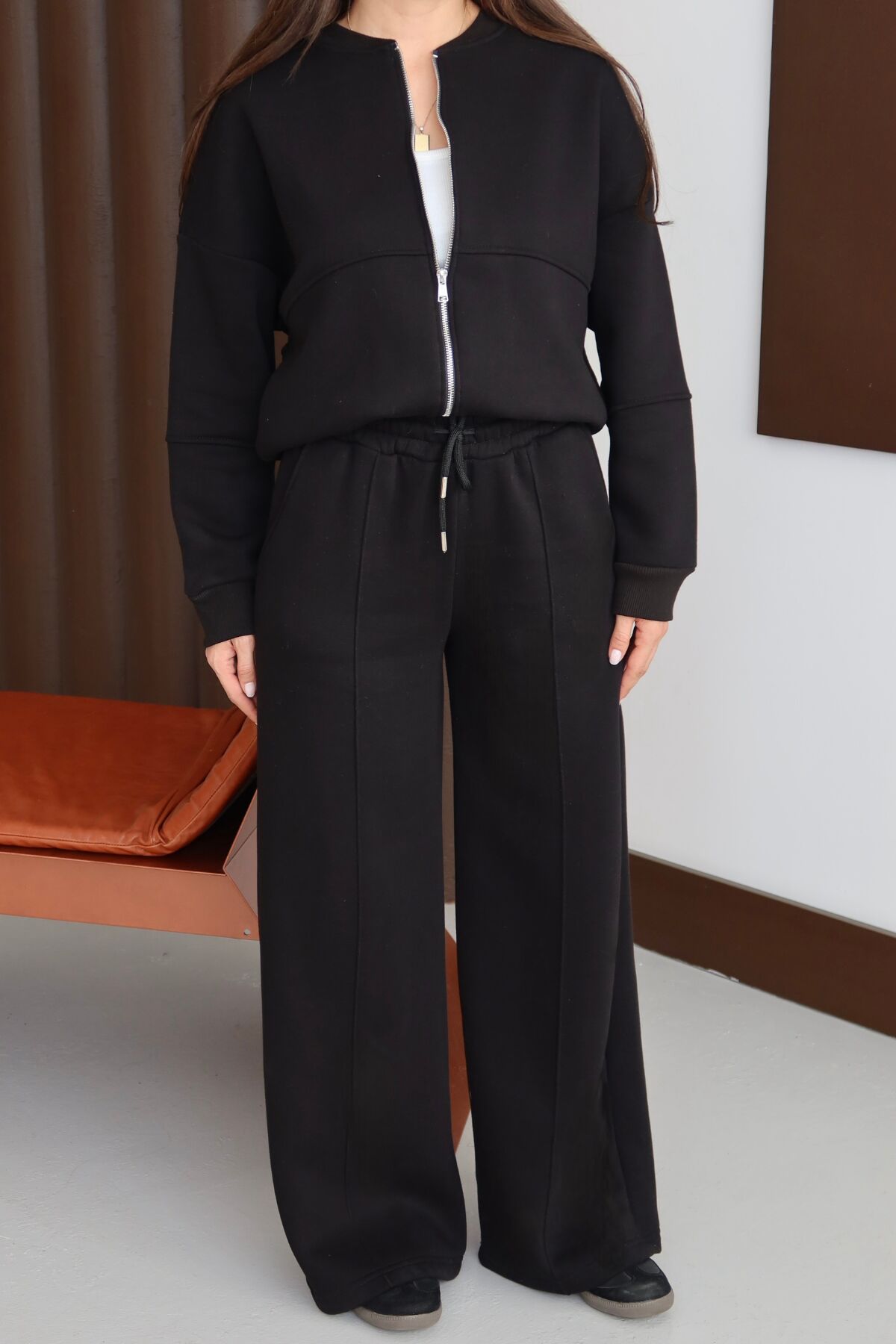 Balenbi Kadın 3 İplik İçi Polarlı Robalı Bomber Ceket Palazzo Takım 1143 S - Siyah