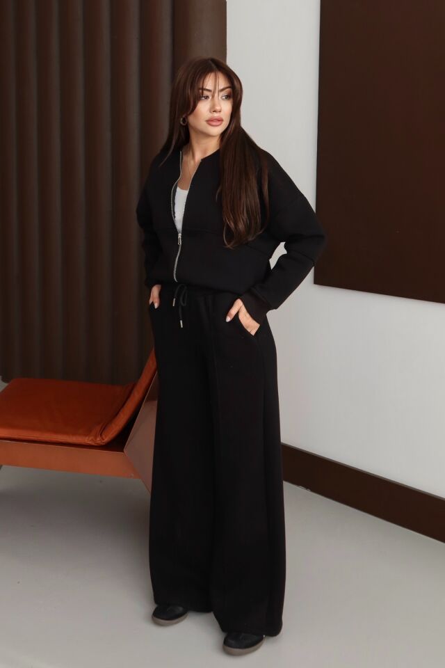 Balenbi Kadın 3 İplik İçi Polarlı Robalı Bomber Ceket Palazzo Takım 1143 Siyah - S