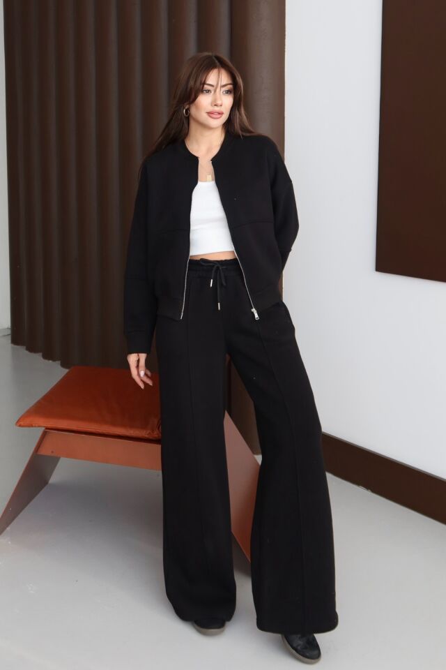 Balenbi Kadın 3 İplik İçi Polarlı Robalı Bomber Ceket Palazzo Takım 1143 S - Siyah