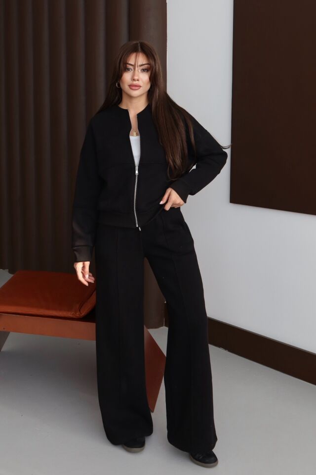 Balenbi Kadın 3 İplik İçi Polarlı Robalı Bomber Ceket Palazzo Takım 1143 S - Siyah