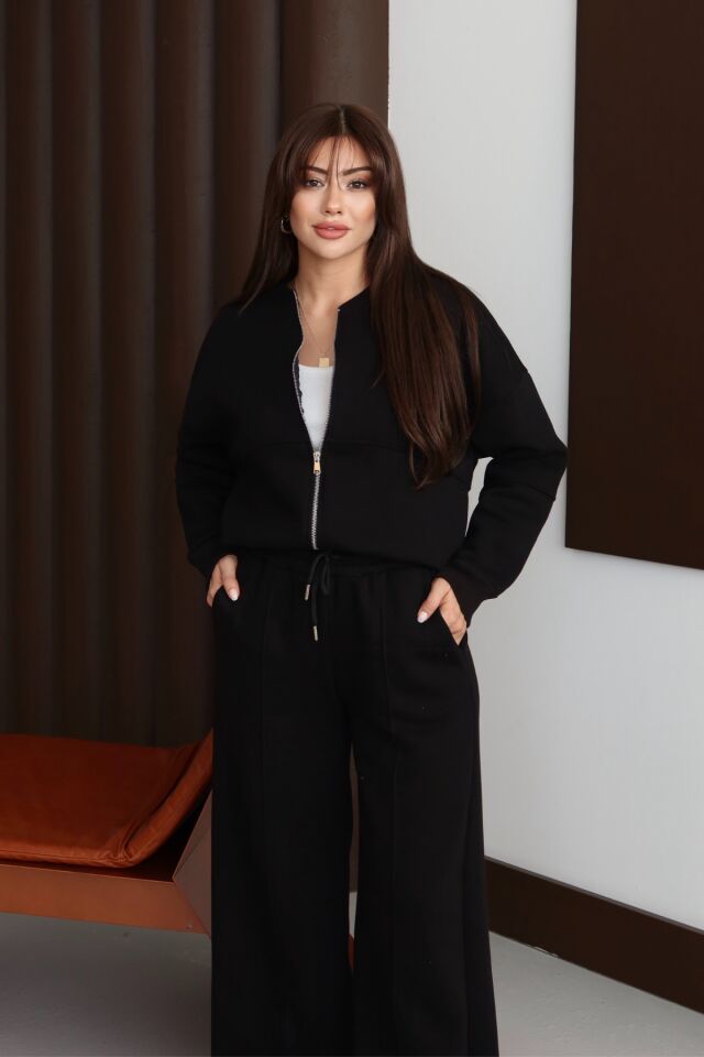 Balenbi Kadın 3 İplik İçi Polarlı Robalı Bomber Ceket Palazzo Takım 1143 S - Siyah