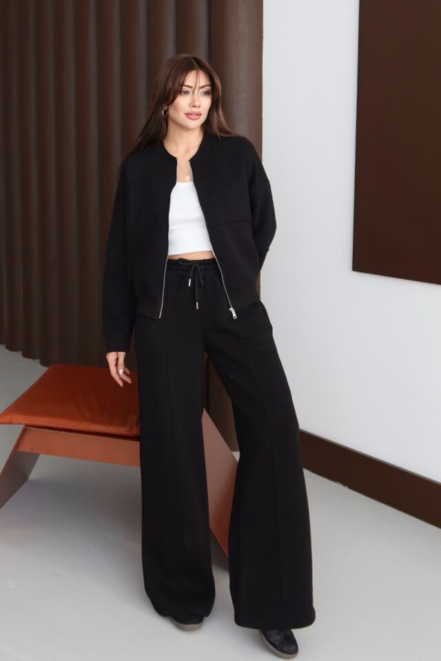 Balenbi Kadın 3 İplik İçi Polarlı Robalı Bomber Ceket Palazzo Takım 1143 S - Siyah