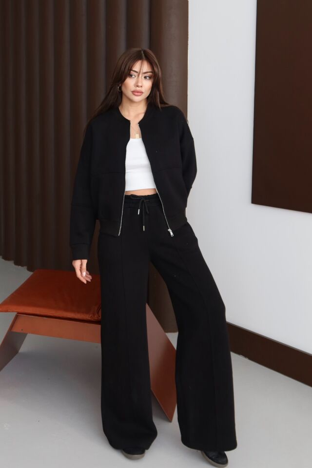 Balenbi Kadın 3 İplik İçi Polarlı Robalı Bomber Ceket Palazzo Takım 1143 S - Siyah