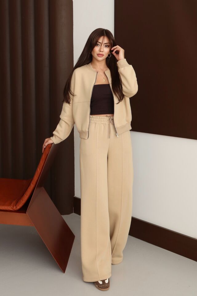 Balenbi Kadın 3 İplik İçi Polarlı Robalı Bomber Ceket Palazzo Takım 1143 XL - Bej