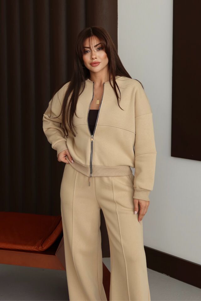 Balenbi Kadın 3 İplik İçi Polarlı Robalı Bomber Ceket Palazzo Takım 1143 Bej - XL