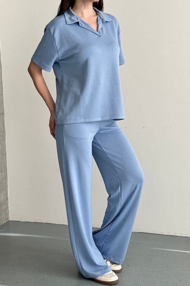 Balenbi Kadın Modal Kumaş Yarım Kollu Polo Yaka Eşofman Takımı 1210 Mavi - L