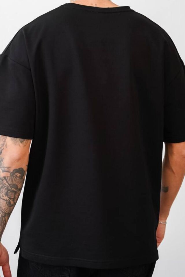 Balenbi Unisex Bisiklet Yaka 2 Iplik Basic Oversize Penye Tişört 1009 L - Black