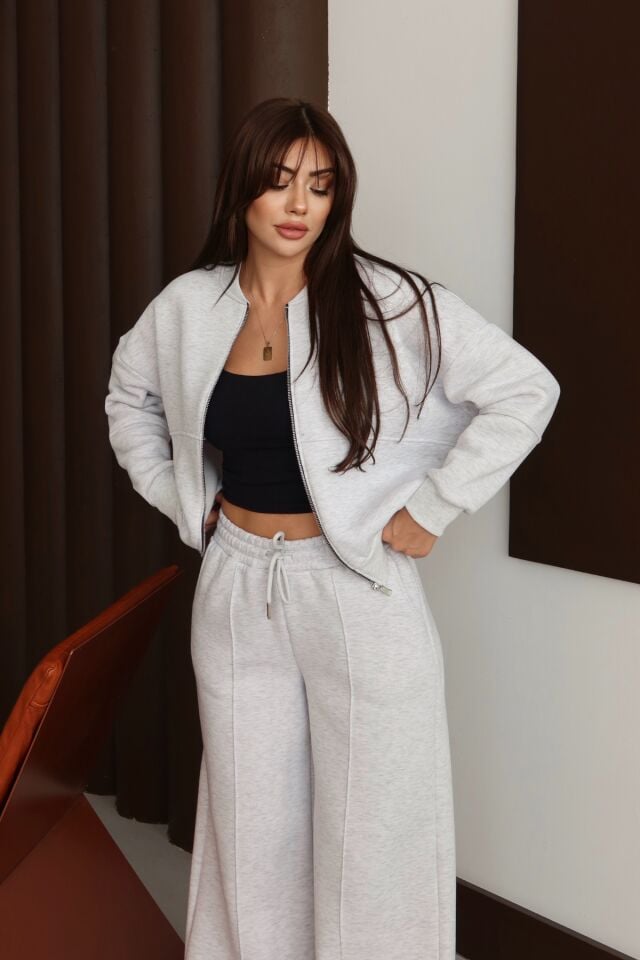 Balenbi Kadın 3 İplik İçi Polarlı Robalı Bomber Ceket Palazzo Takım 1143 XL - Karmelanj