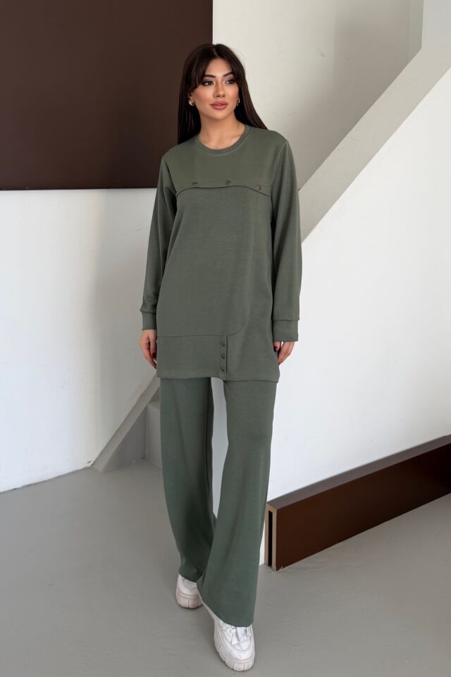 Balenbi Oversize Metal Çıtçıt Detaylı Asimetrik Kesim Modal Tesettür Takım 1187 M - Haki