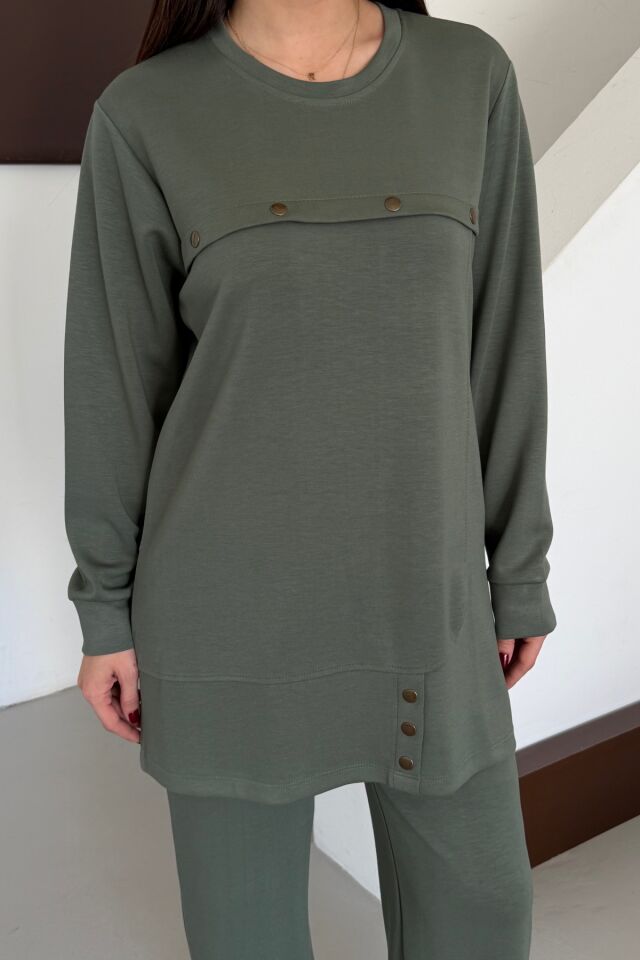 Balenbi Oversize Metal Çıtçıt Detaylı Asimetrik Kesim Modal Tesettür Takım 1187 M - Haki