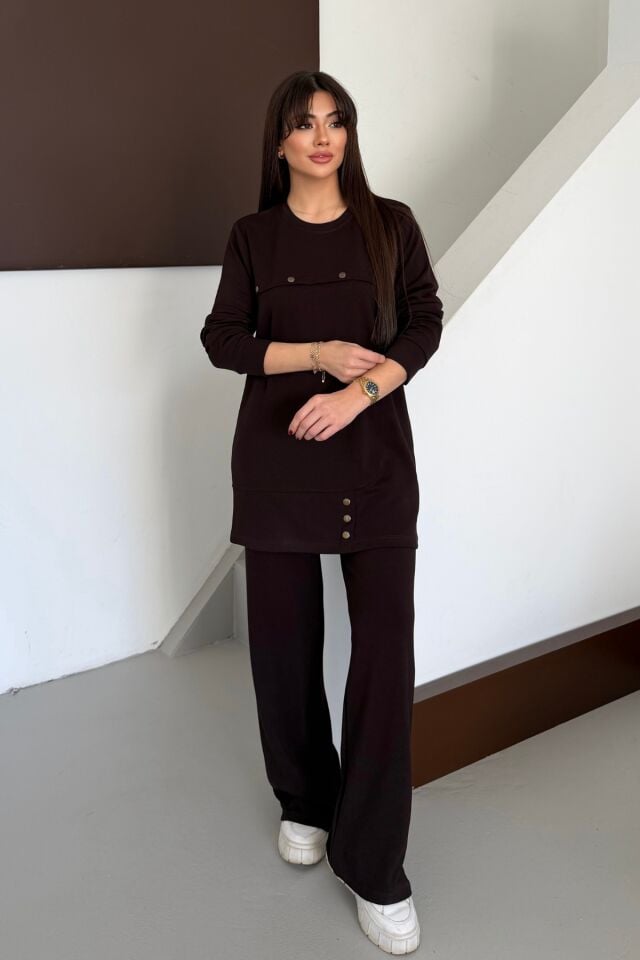 Balenbi Oversize Metal Çıtçıt Detaylı Asimetrik Kesim Modal Tesettür Takım 1187 Kahverengi - XL