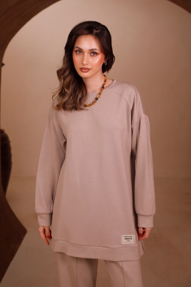 Balenbi Kadın Oysho Modal Kumaş Oversize 80 cm Tunik Bol Paça Pantolon Tesettür Takım 1228 XL - Bej
