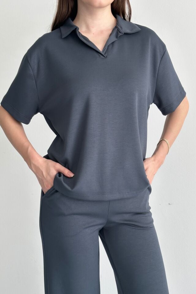 Balenbi Kadın Modal Kumaş Yarım Kollu Polo Yaka Eşofman Takımı 1210 Füme - 2XL