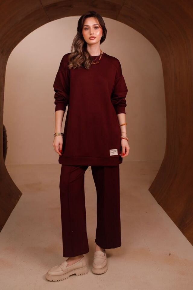 Balenbi Kadın Oysho Modal Kumaş Oversize 80 cm Tunik Bol Paça Pantolon Tesettür Takım 1228 XL - Bordo
