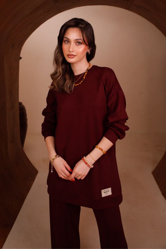 Balenbi Kadın Oysho Modal Kumaş Oversize 80 cm Tunik Bol Paça Pantolon Tesettür Takım 1228 XL - Bordo