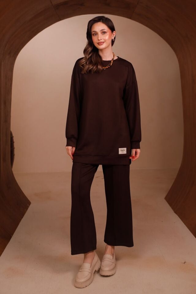 Balenbi Kadın Oysho Modal Kumaş Oversize 80 cm Tunik Bol Paça Pantolon Tesettür Takım 1228 XL - Kahverengi