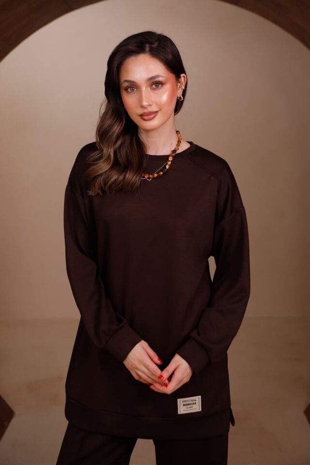 Balenbi Kadın Oysho Modal Kumaş Oversize 80 cm Tunik Bol Paça Pantolon Tesettür Takım 1228 XL - Kahverengi