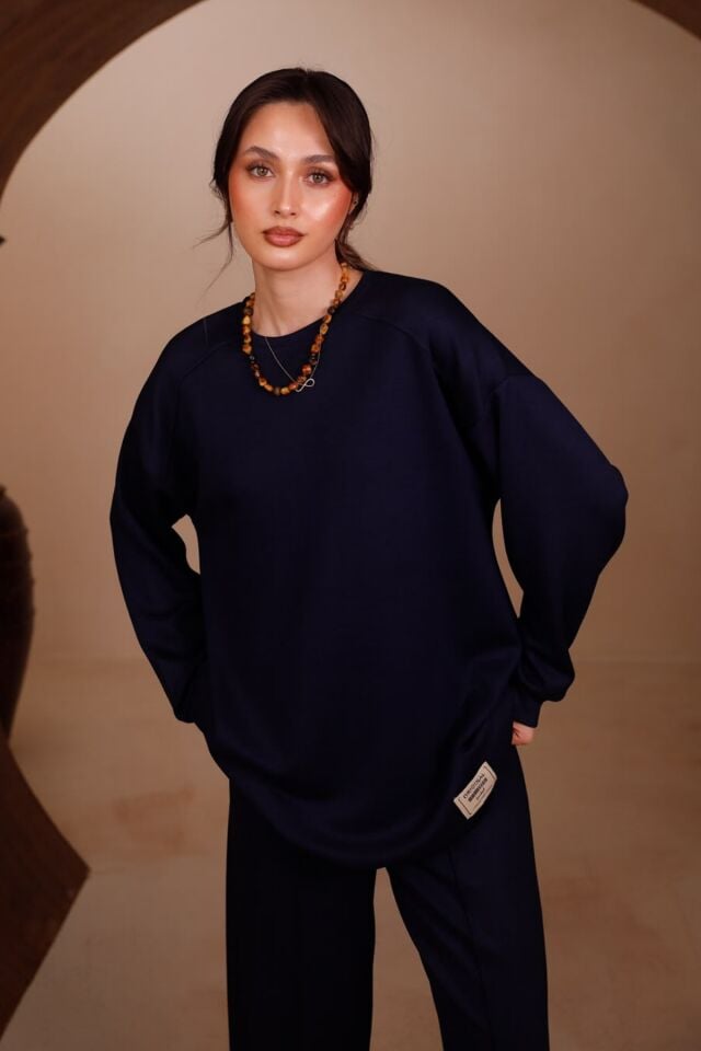 Balenbi Kadın Oysho Modal Kumaş Oversize 80 cm Tunik Bol Paça Pantolon Tesettür Takım 1228 XL - Lacivert