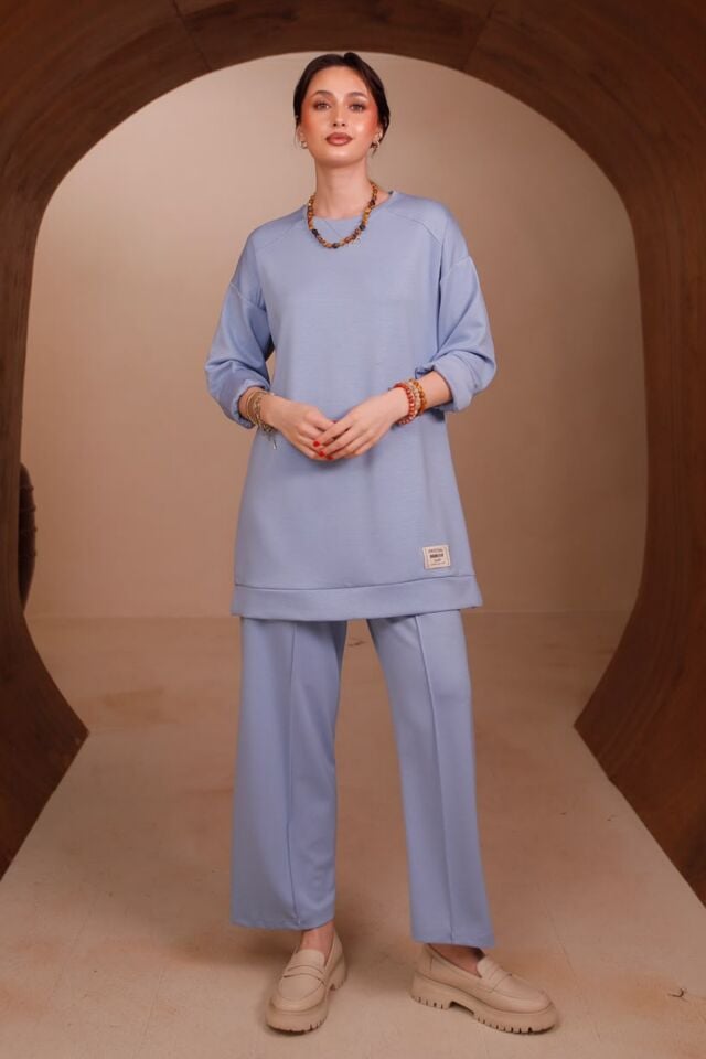 Balenbi Kadın Oysho Modal Kumaş Oversize 80 cm Tunik Bol Paça Pantolon Tesettür Takım 1228 XL - Mavi