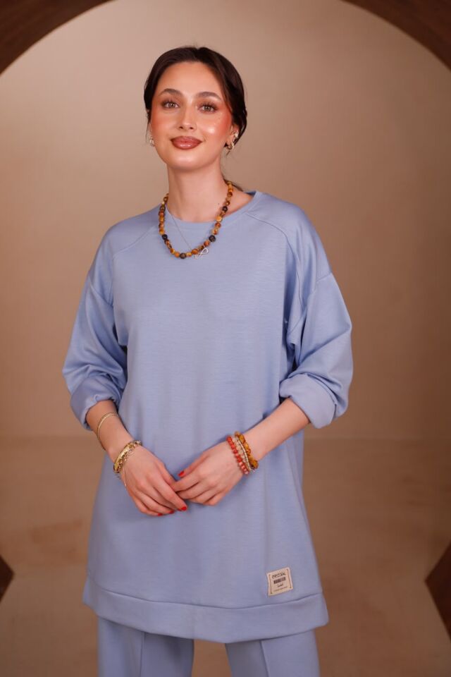 Balenbi Kadın Oysho Modal Kumaş Oversize 80 cm Tunik Bol Paça Pantolon Tesettür Takım 1228 XL - Mavi