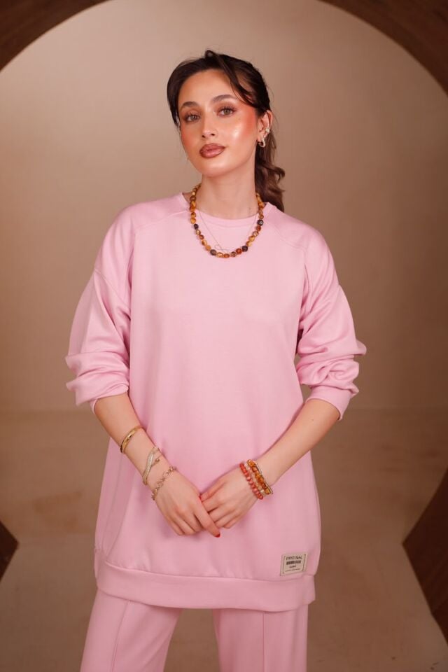 Balenbi Kadın Oysho Modal Kumaş Oversize 80 cm Tunik Bol Paça Pantolon Tesettür Takım 1228 XL - Pembe