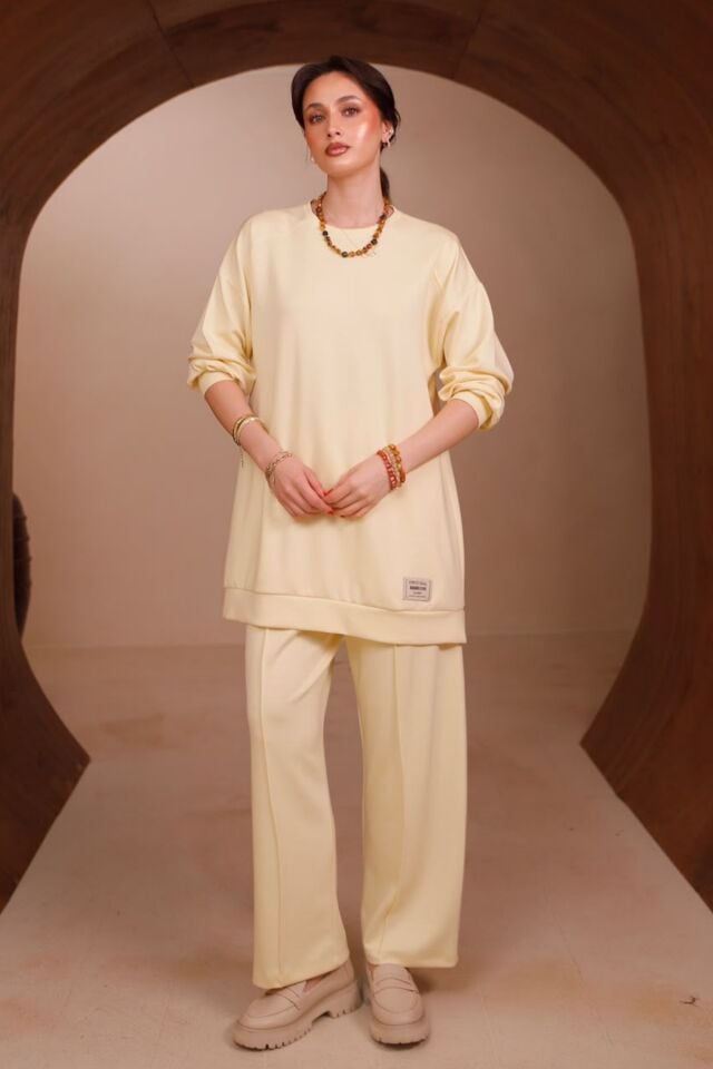 Balenbi Kadın Oysho Modal Kumaş Oversize 80 cm Tunik Bol Paça Pantolon Tesettür Takım 1228 XL - Sarı