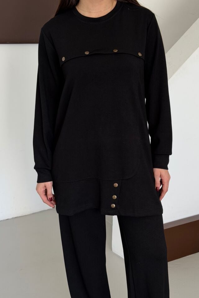 Balenbi Oversize Metal Çıtçıt Detaylı Asimetrik Kesim Modal Tesettür Takım 1187 Siyah - XL