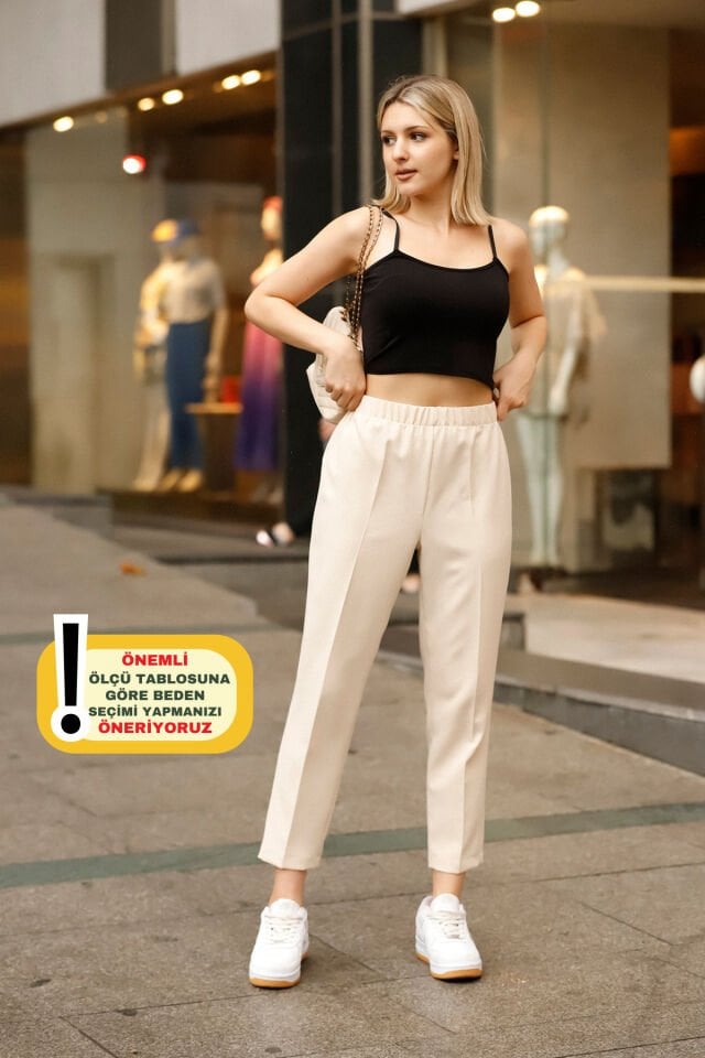 1001 Kırmızı Havuç Paça Yüksek Bel Likralı Dokuma Kadın Pantolon Krem - 36