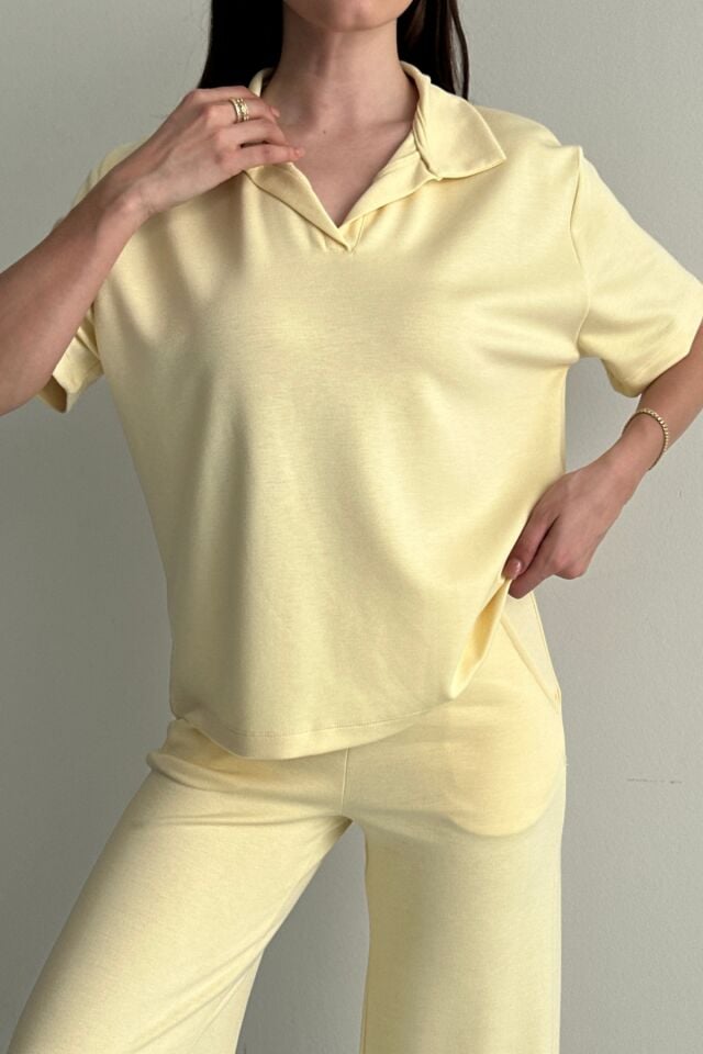 Balenbi Kadın Modal Kumaş Yarım Kollu Polo Yaka Eşofman Takımı 1210 Sarı - 2XL