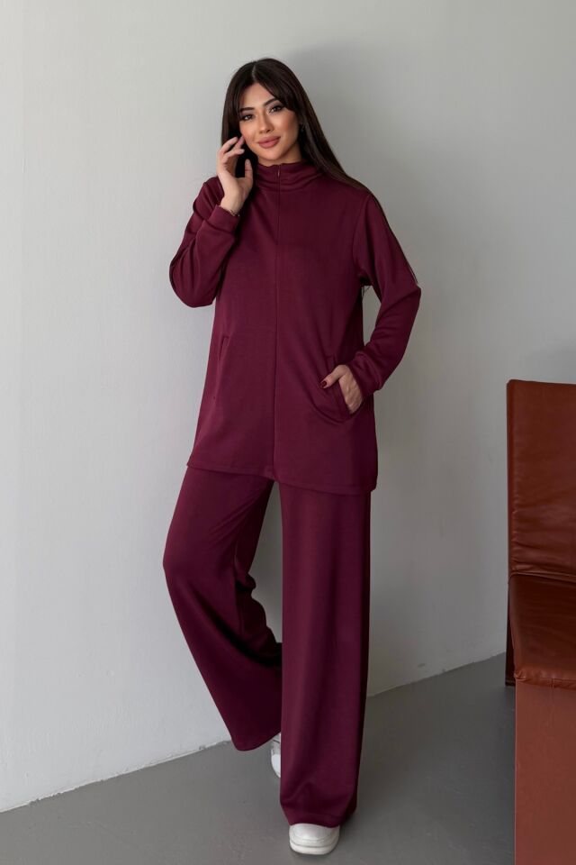 Balenbi Oversize Kapüşonlu Fermuarlı Modal Tesettür Takım 1186 – Form Serisi S - Bordo
