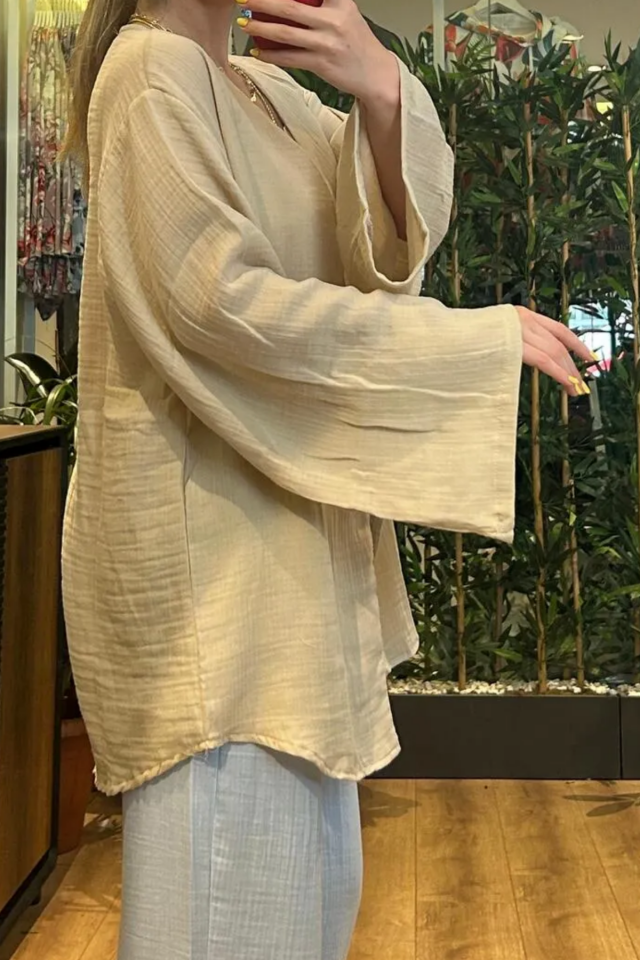 Balenbi Kadın Çift Bağlamalı Müslin Kumaş Kimono 1101 L - Bej