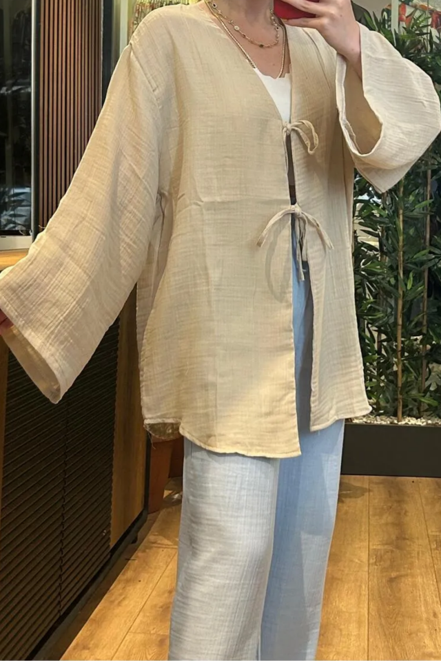 Balenbi Kadın Çift Bağlamalı Müslin Kumaş Kimono 1101 L - Bej