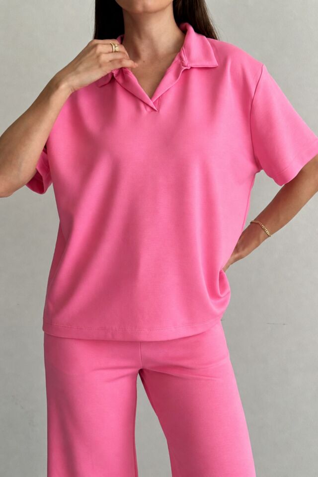 Balenbi Kadın Modal Kumaş Yarım Kollu Polo Yaka Eşofman Takımı 1210 Pembe - L