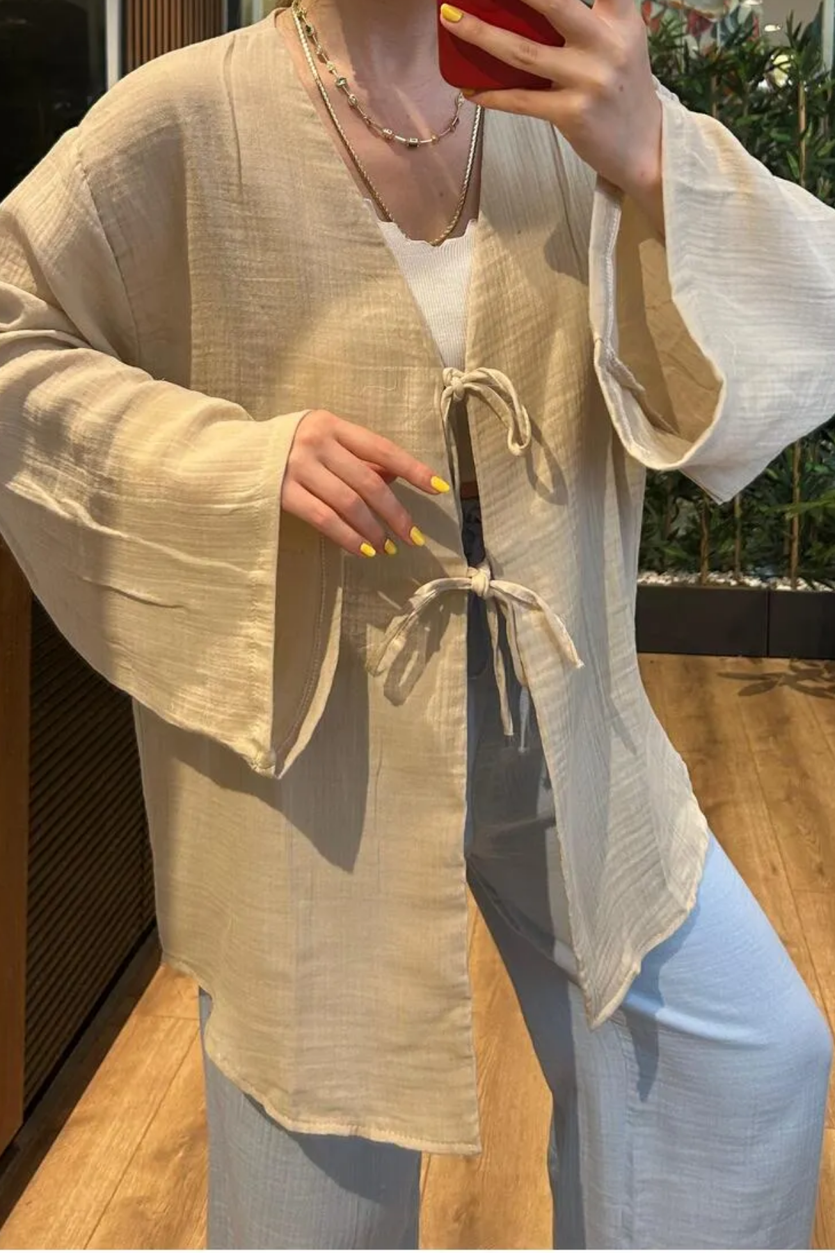 Balenbi Kadın Çift Bağlamalı Müslin Kumaş Kimono 1101 L - Bej