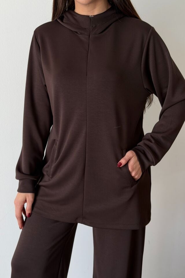 Balenbi Oversize Kapüşonlu Fermuarlı Modal Tesettür Takım 1186 – Form Serisi Kahverengi - XL