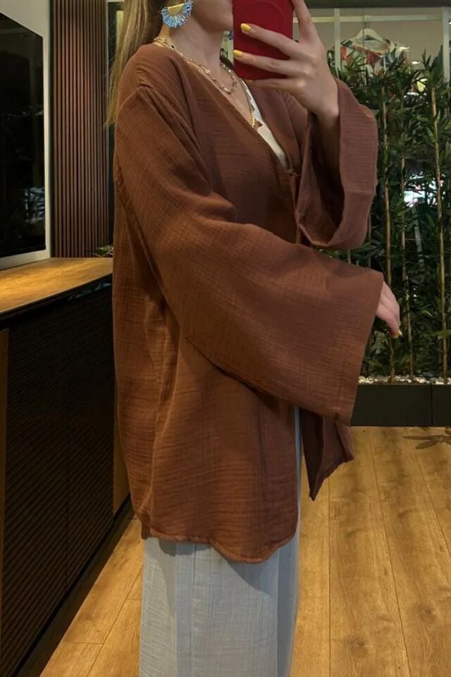 Balenbi Kadın Çift Bağlamalı Müslin Kumaş Kimono 1101 M - Kahverengi