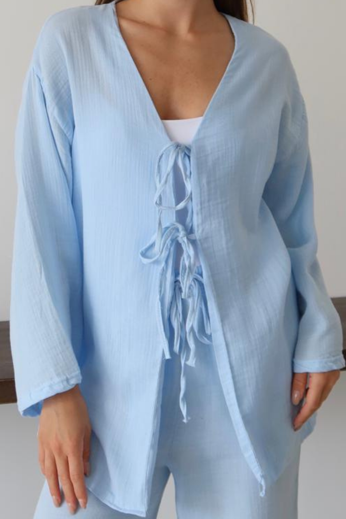 Balenbi Kadın Çift Bağlamalı Müslin Kumaş Kimono 1101 M - Mavi