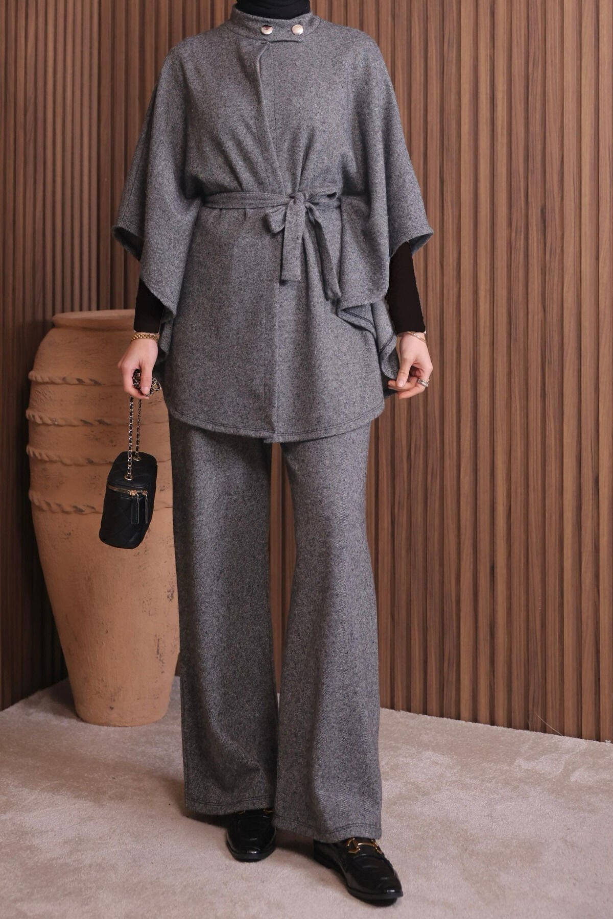 Balenbi Kadın Jakar Kumaş Kuşaklı Panço Tesettür Takım 1141 2XL - Gri