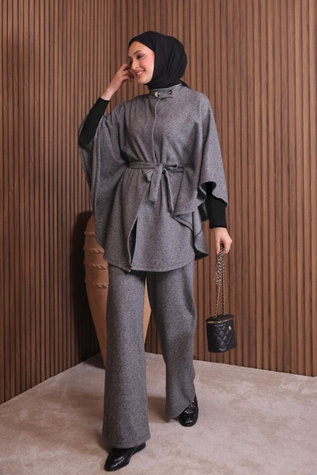Balenbi Kadın Jakar Kumaş Kuşaklı Panço Tesettür Takım 1141 2XL - Gri