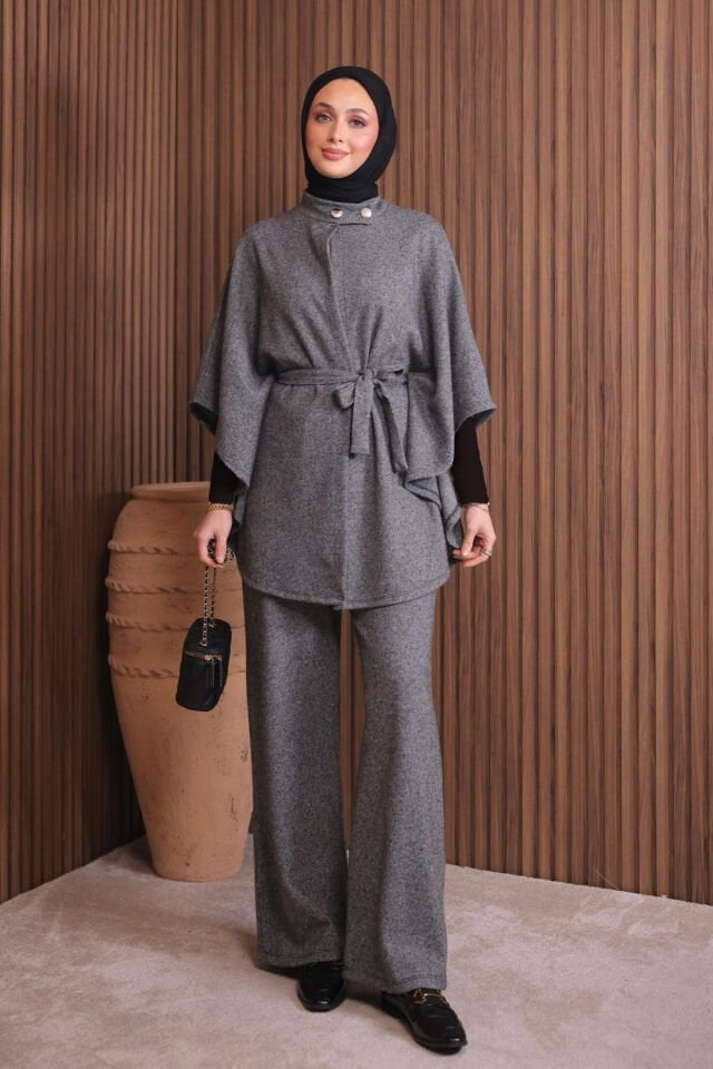 Balenbi Kadın Jakar Kumaş Kuşaklı Panço Tesettür Takım 1141 2XL - Gri