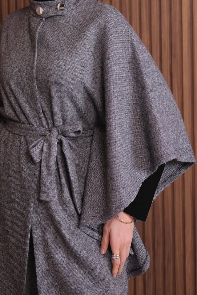 Balenbi Kadın Jakar Kumaş Kuşaklı Panço Tesettür Takım 1141 2XL - Gri