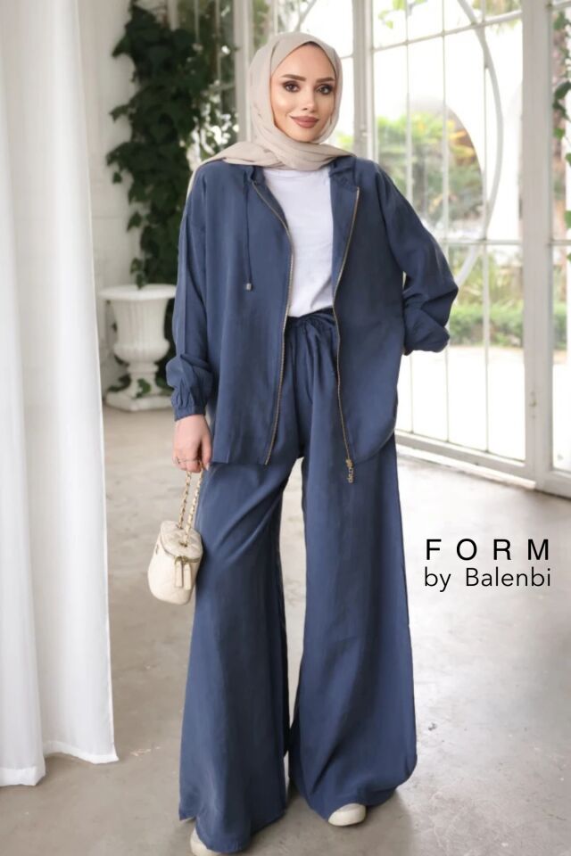 Balenbi Tensel Kumaş Kapüşonlu Fermuarlı Oversize Tesettür Bol Paça Takım 1188 – Form Serisi