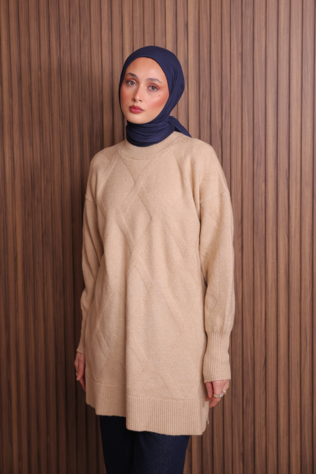 Balenbi Kadın Bisiklet Yaka Baklava Desen Yumoş Triko Tunik 1140 Standart - Bej