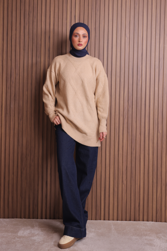 Balenbi Kadın Bisiklet Yaka Baklava Desen Yumoş Triko Tunik 1140 Standart - Bej