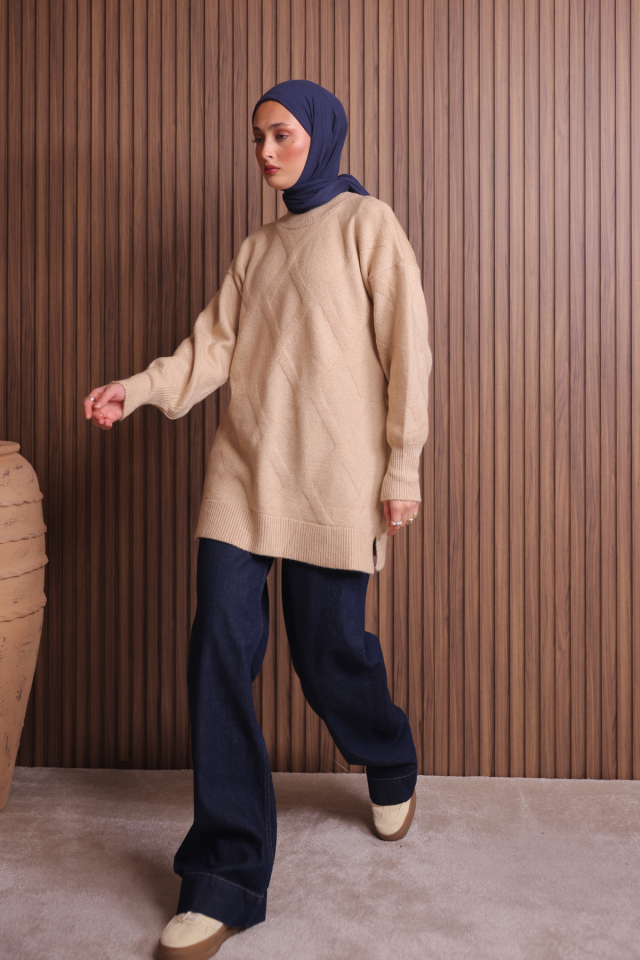 Balenbi Kadın Bisiklet Yaka Baklava Desen Yumoş Triko Tunik 1140 Standart - Bej