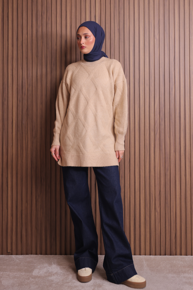 Balenbi Kadın Bisiklet Yaka Baklava Desen Yumoş Triko Tunik 1140 Standart - Bej