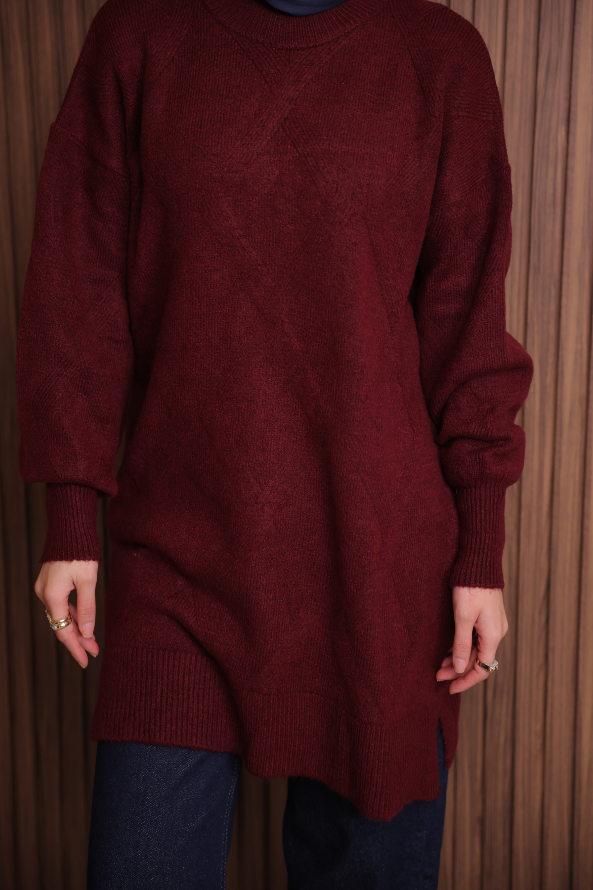 Balenbi Kadın Bisiklet Yaka Baklava Desen Yumoş Triko Tunik 1140 Standart - Bordo