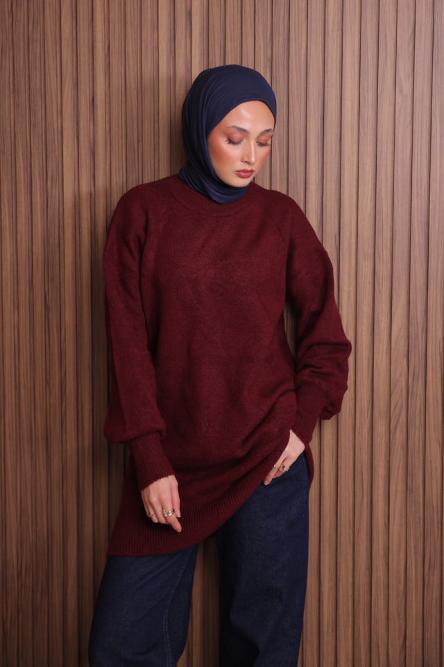 Balenbi Kadın Bisiklet Yaka Baklava Desen Yumoş Triko Tunik 1140 Standart - Bordo